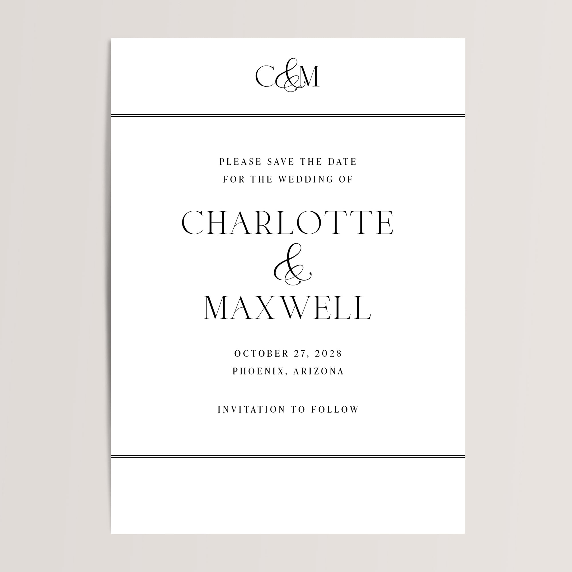 Modern Wedding Monogram Save the Date Cards

Sleek and sophisticated, these save the date cards feature a minimalist black and white design with your custom monogram as the centerpiece. Perfect for a modern wedding, their timeless simplicity sets an elegant tone for your special day.