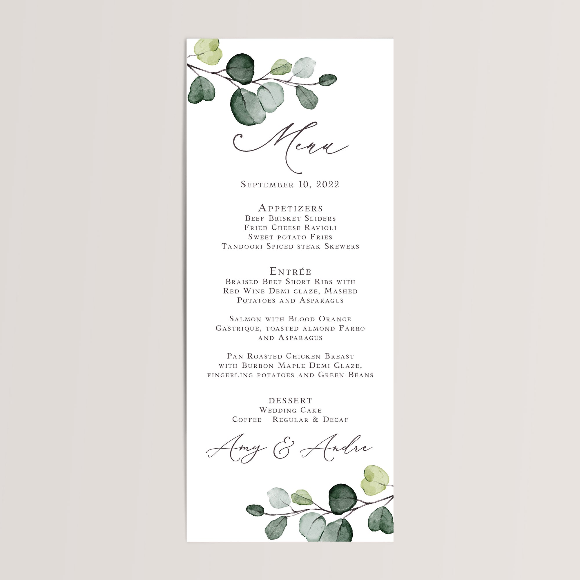 Printed eucalyptus wedding menu cards that are personalized for you.