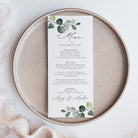 Printed eucalyptus wedding menu cards that are personalized for you.