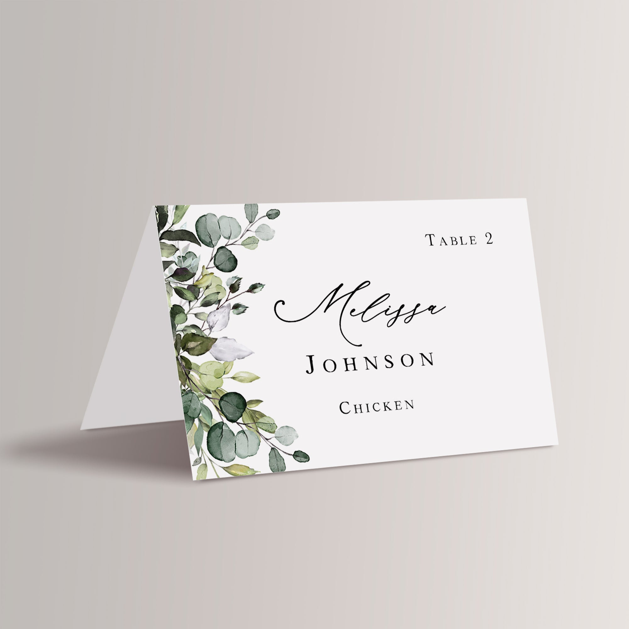 Eucalyptus serif font wedding place cards with meal choice that are printed for you. 