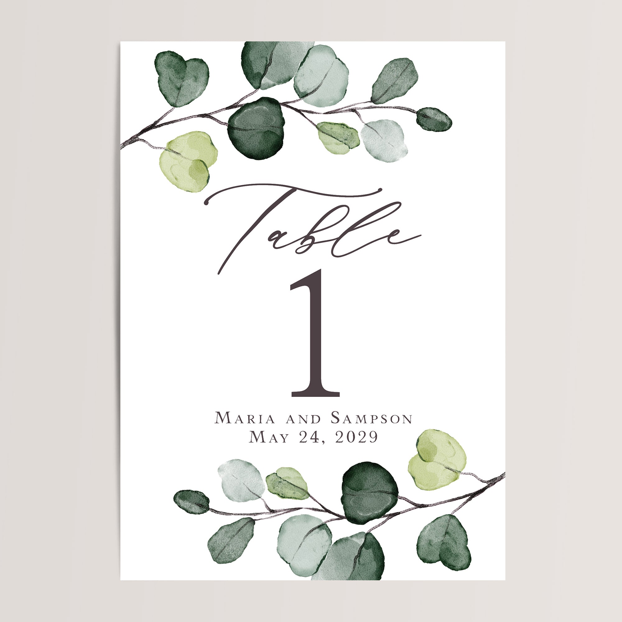 Printed eucalyptus wedding table numbers in sizes 5x7 or 4x6. 