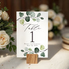 Printed eucalyptus wedding table numbers in sizes 5x7 or 4x6. 