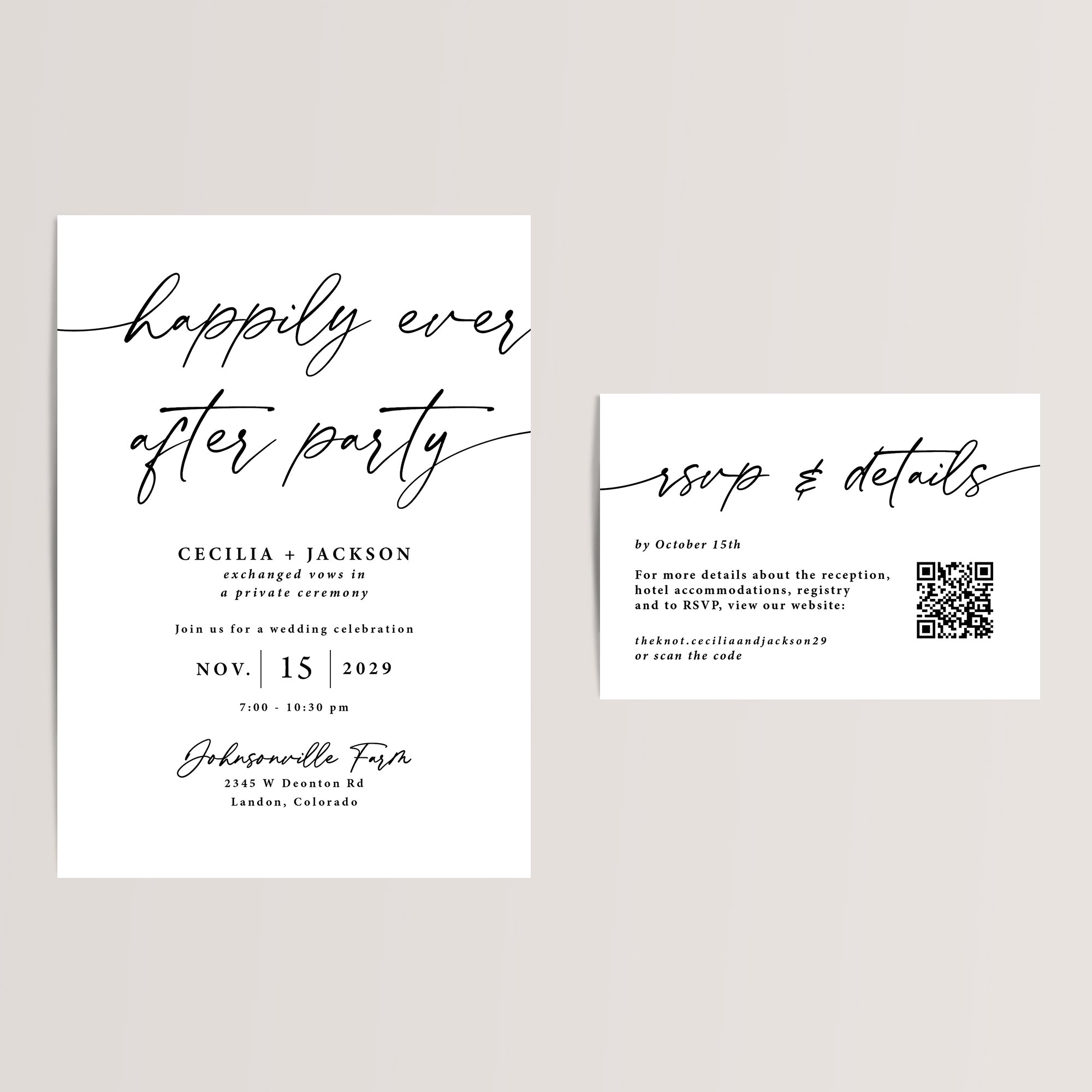 Happily Ever After Reception Invitation Suite with QR Code RSVP Card

Sophisticated and budget-friendly, our black-and-white Happily Ever After reception invitation suite is the perfect choice for a modern, minimalist, or elegant celebration. Printed on smooth, high-quality cardstock, each RSVP/details card features a scannable QR code, providing your guests with easy access to your website for all the important details and they can RSVP there too.