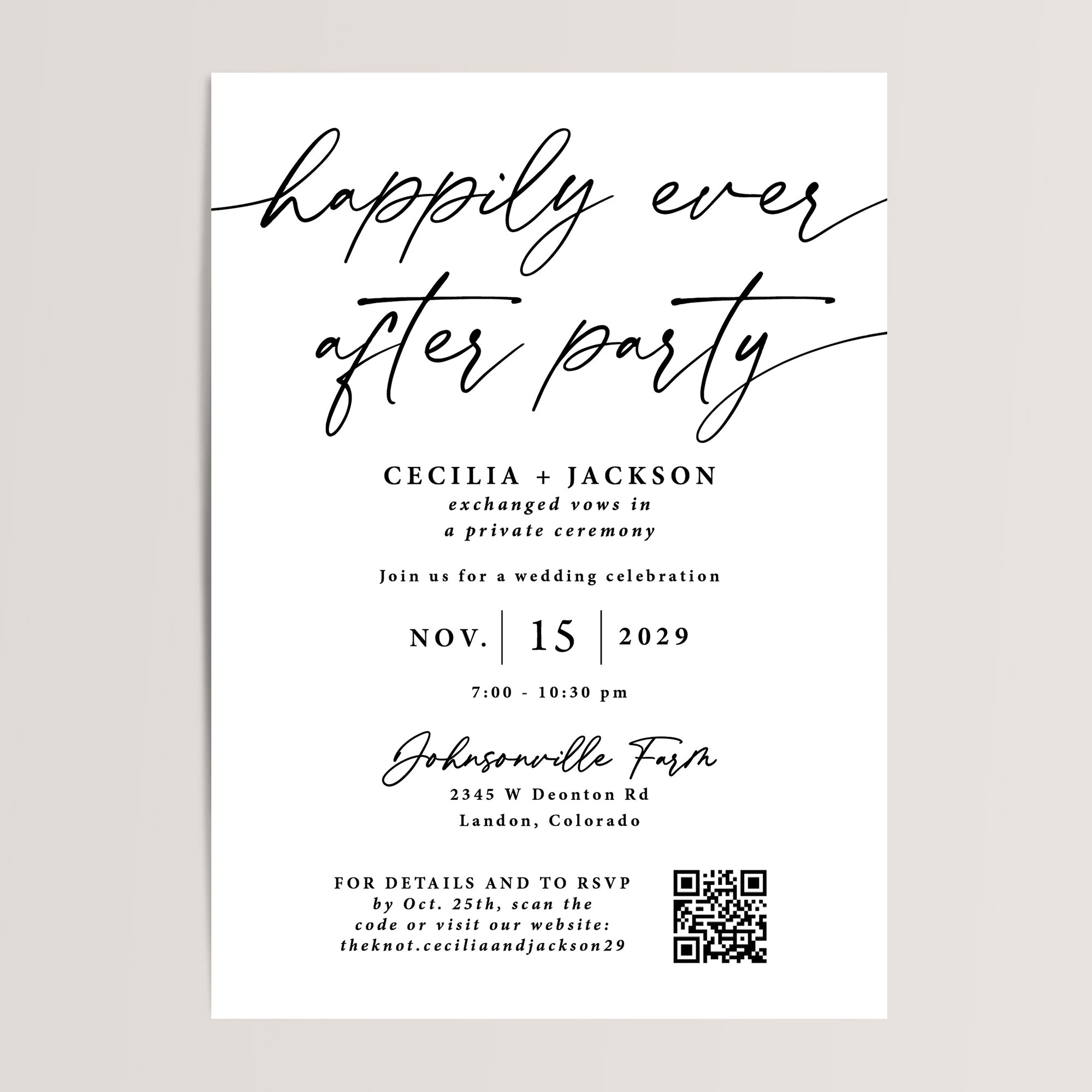 Happily Ever After Party Reception Invitations with QR Code

Elegant and budget-friendly, these simple black and white 'Happily Ever After' reception invitations feature a clean, modern design and include a QR code for easy guest RSVPs. Perfect for contemporary wedding receptions, these all-in-one invitations offer both style and practicality, providing your guests with all the essential details for your celebration.