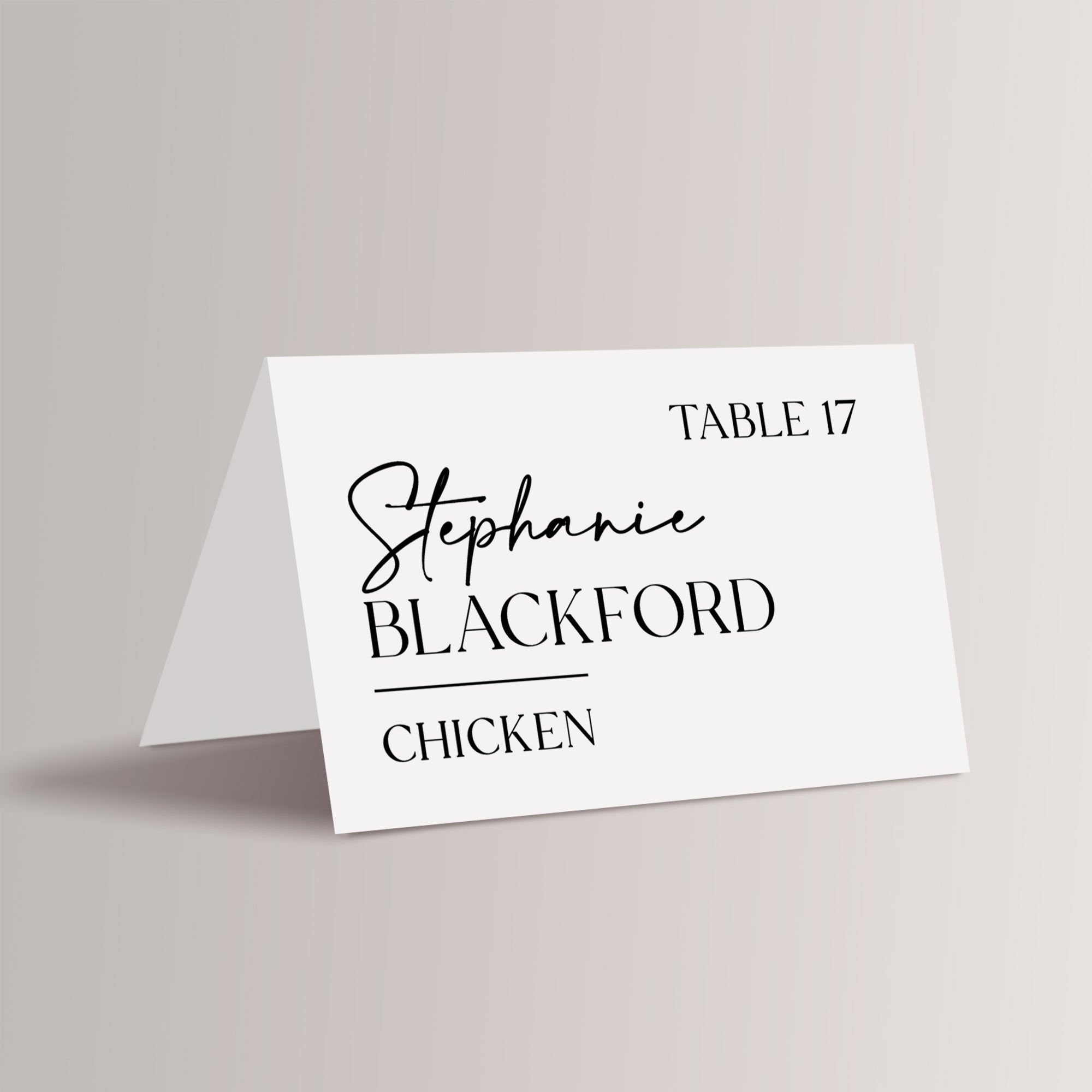 Minimalist wedding place cards with meal choice in black and white that are printed for you. 