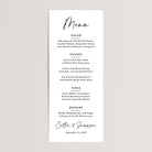 Black and White Menu. Menu is in a large script font, the headings are an all caps, serif font, the food descriptions are also in a serif font. The bottom of the menu features the couples names in the same script font and the wedding date below in an italic serif font.