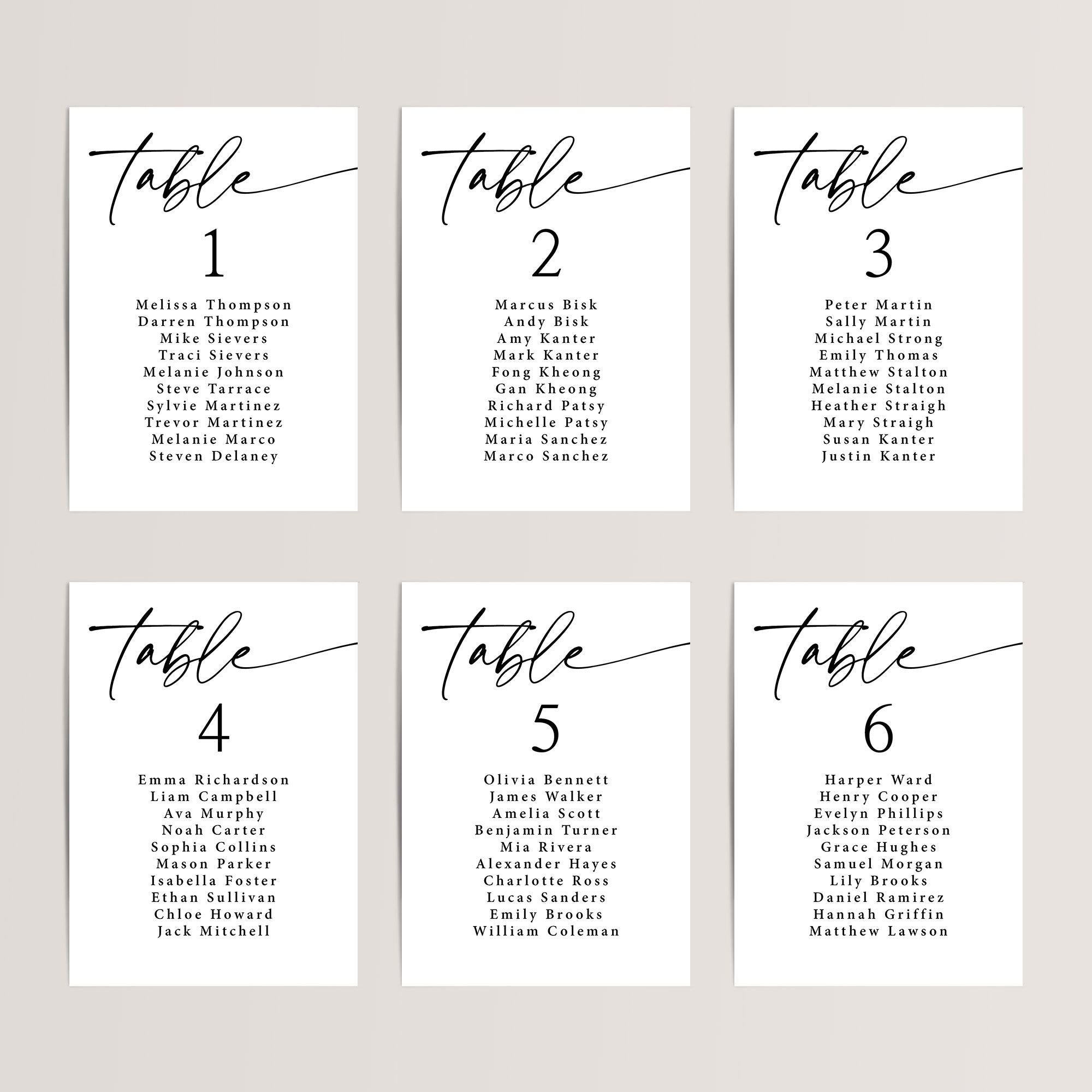 Six black and white seating charts lined up in two rows of three.