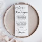 Modern wedding table welcome and thank-you cards, printed on thick cardstock in classic black and white with a beautiful modern script font. Personalize the message and names, or keep the wording as shown — perfectly designed to add an elegant touch to your wedding reception tables.