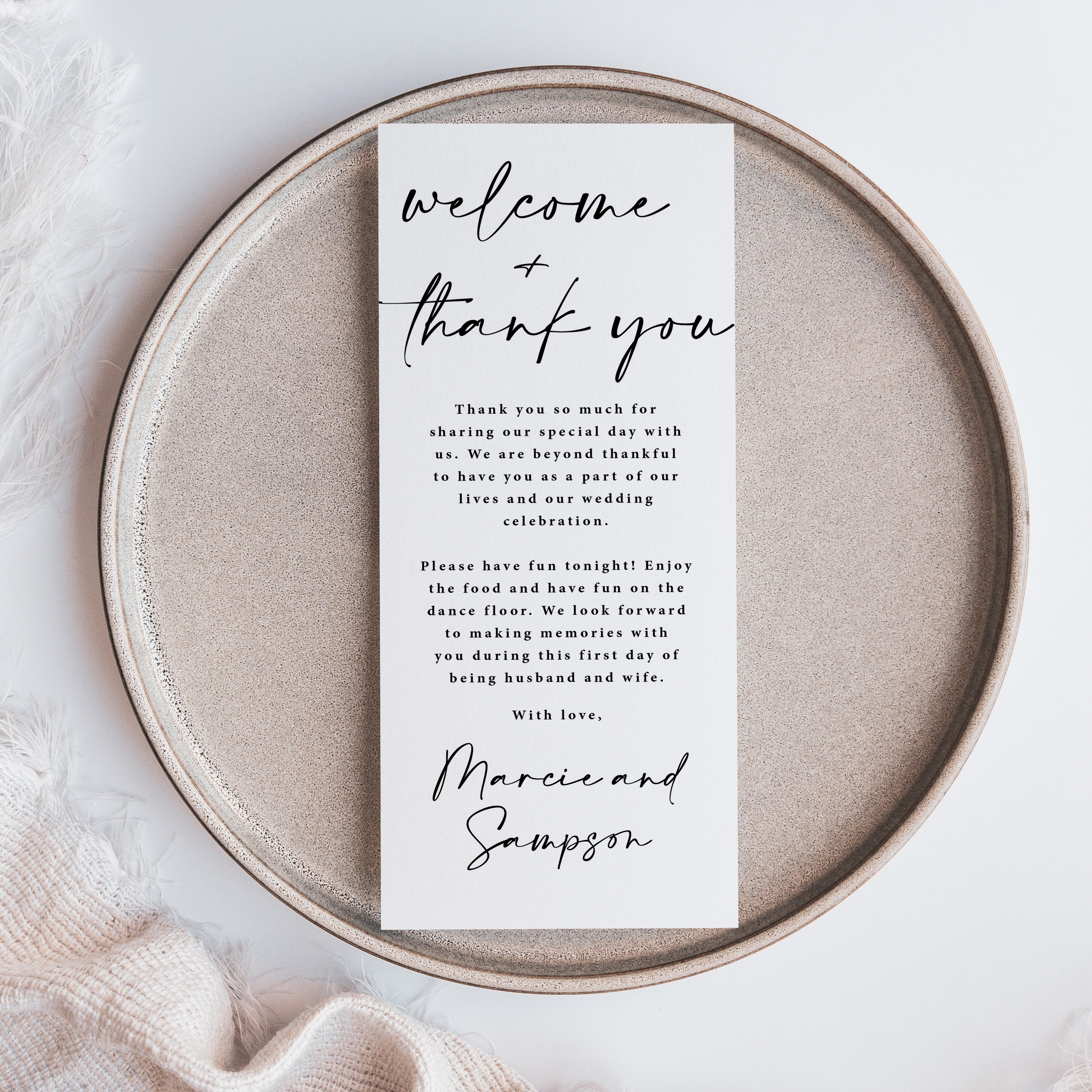 Modern wedding table welcome and thank-you cards, printed on thick cardstock in classic black and white with a beautiful modern script font. Personalize the message and names, or keep the wording as shown — perfectly designed to add an elegant touch to your wedding reception tables.