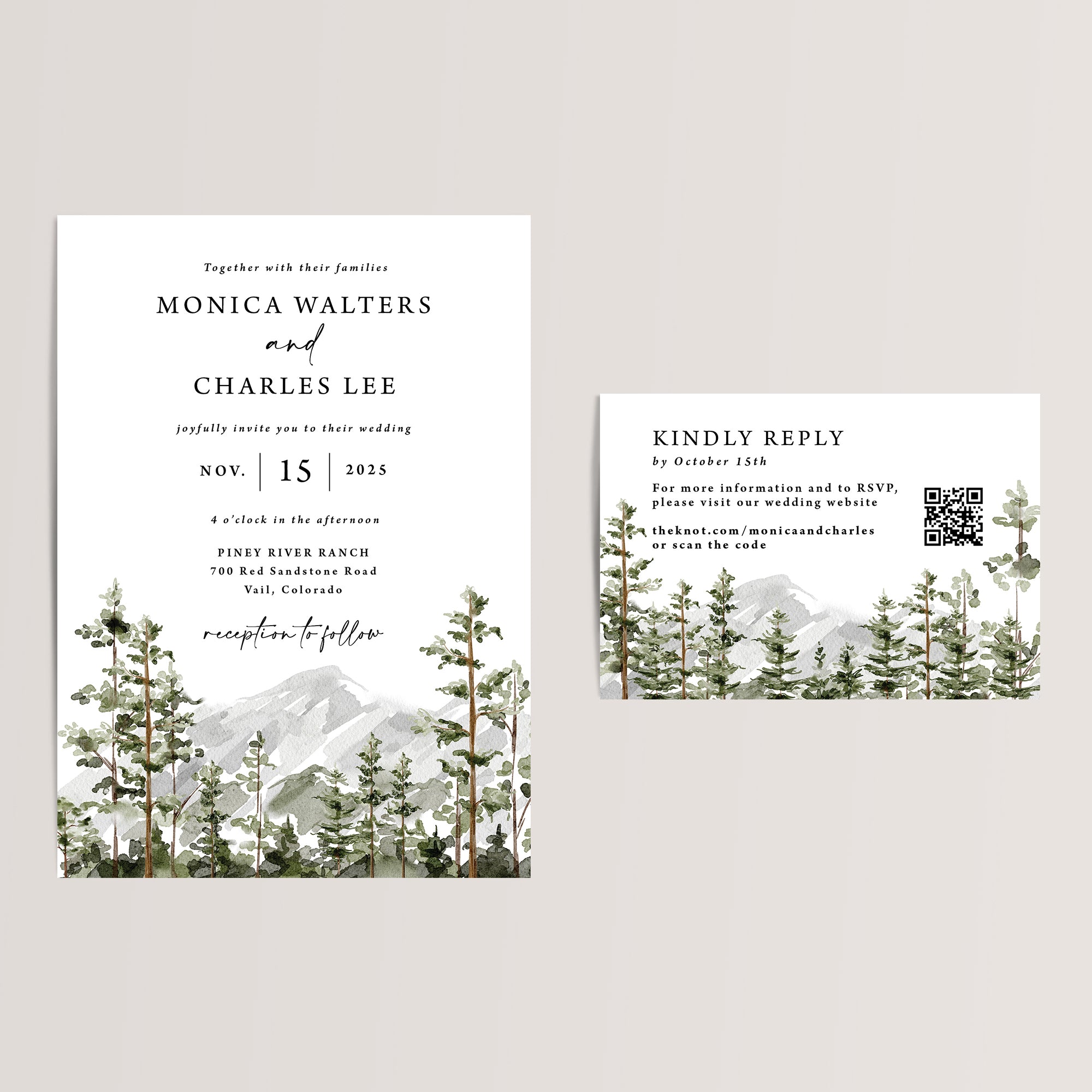 Mountain Wedding Invitation Suite with QR Code RSVP Card

Elegant and budget-friendly, our mountain forest wedding invitation suite featuring scenic watercolor mountains and trees is the perfect choice for your outdoor forest or rustic wedding. Printed on smooth, high-quality cardstock, each RSVP/details card includes a scannable QR code, giving your guests easy access to your wedding website for all the important details and a convenient way to RSVP.