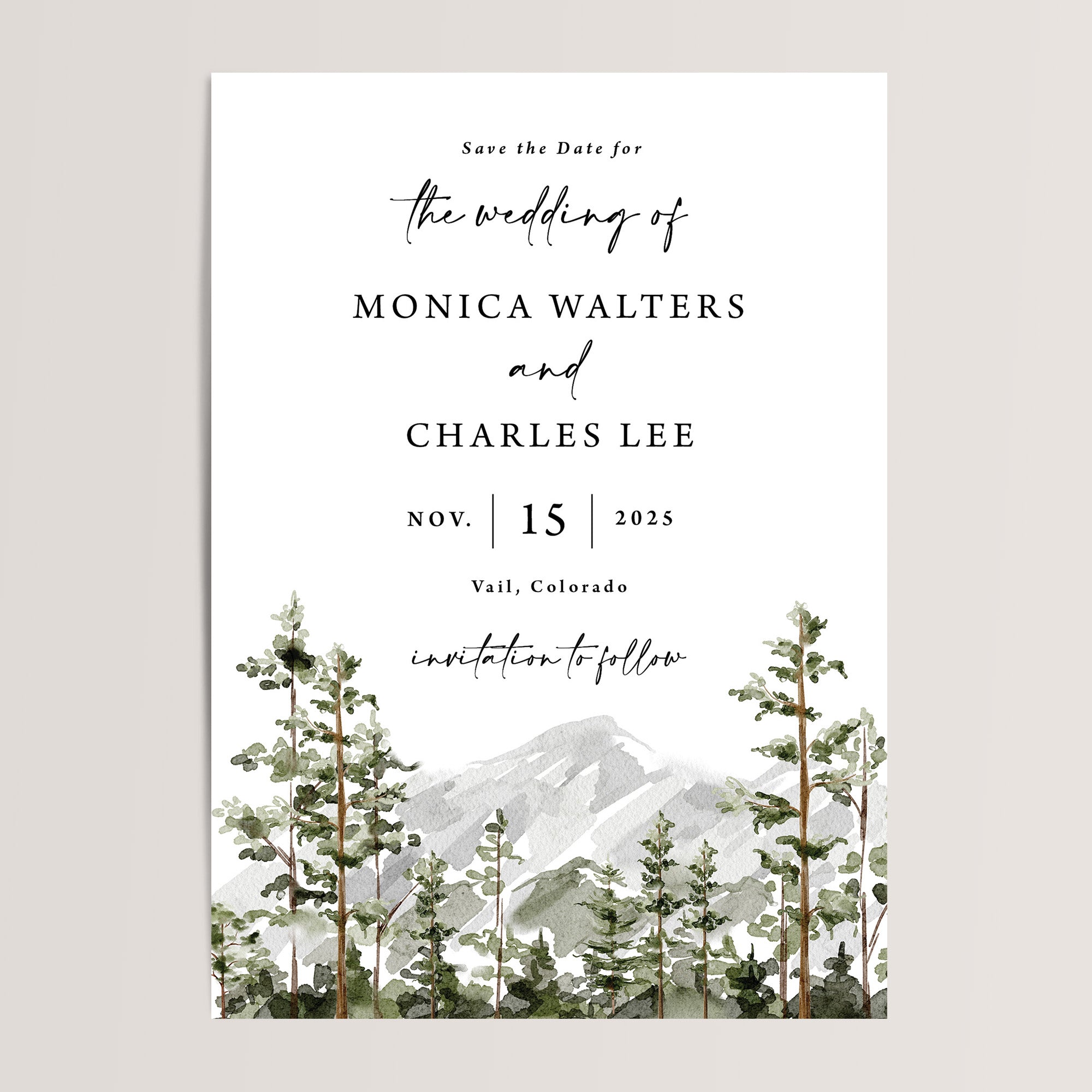Mountain wedding save the date cards featuring stunning watercolor mountains and a forest of trees&nbsp;

These save the dates are a beautiful and natural way to announce your special day. With serene forest scenery and soft watercolor details, these cards capture the essence of nature, setting a romantic and adventurous tone for your upcoming wedding.