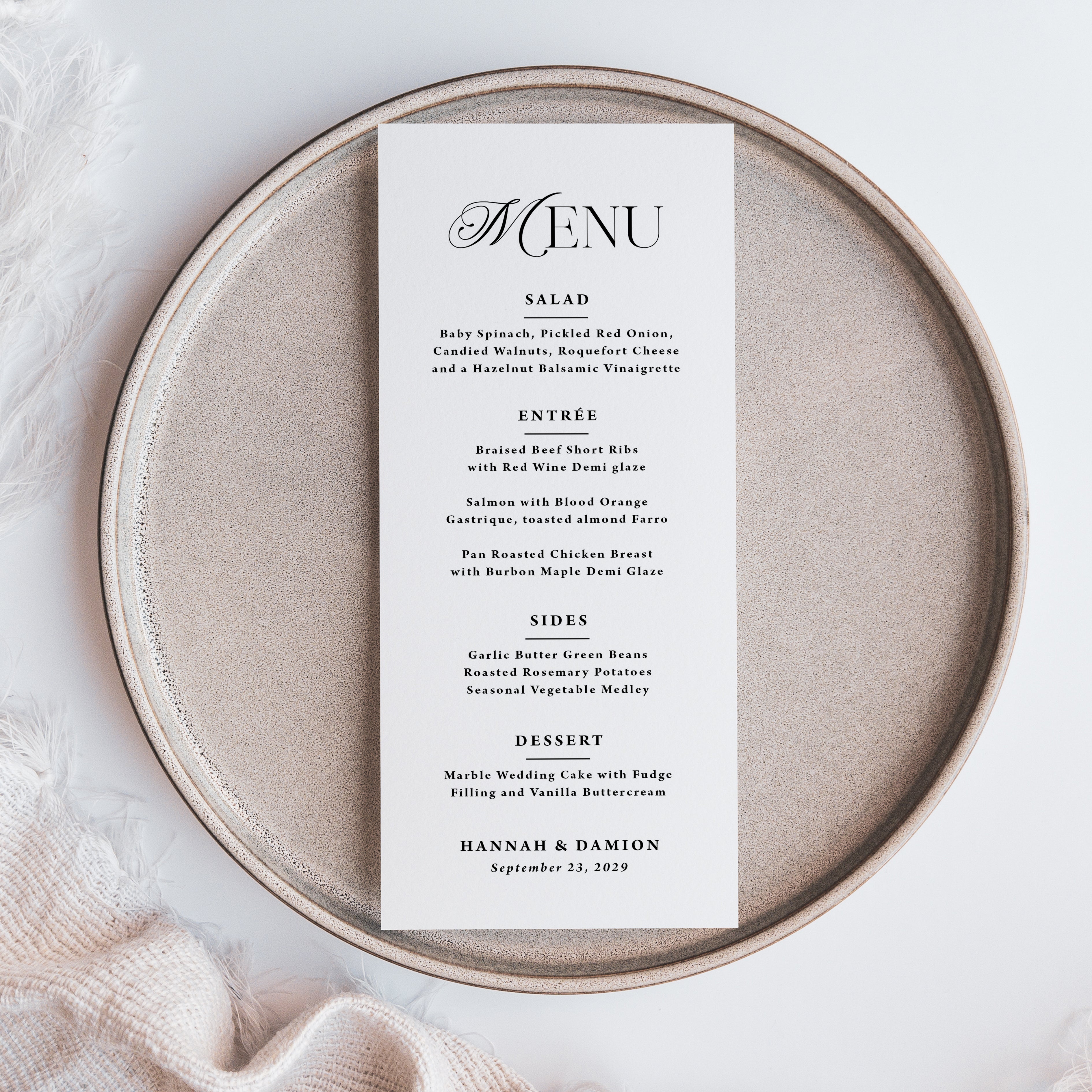 Printed modern wedding menu cards in black and white. 