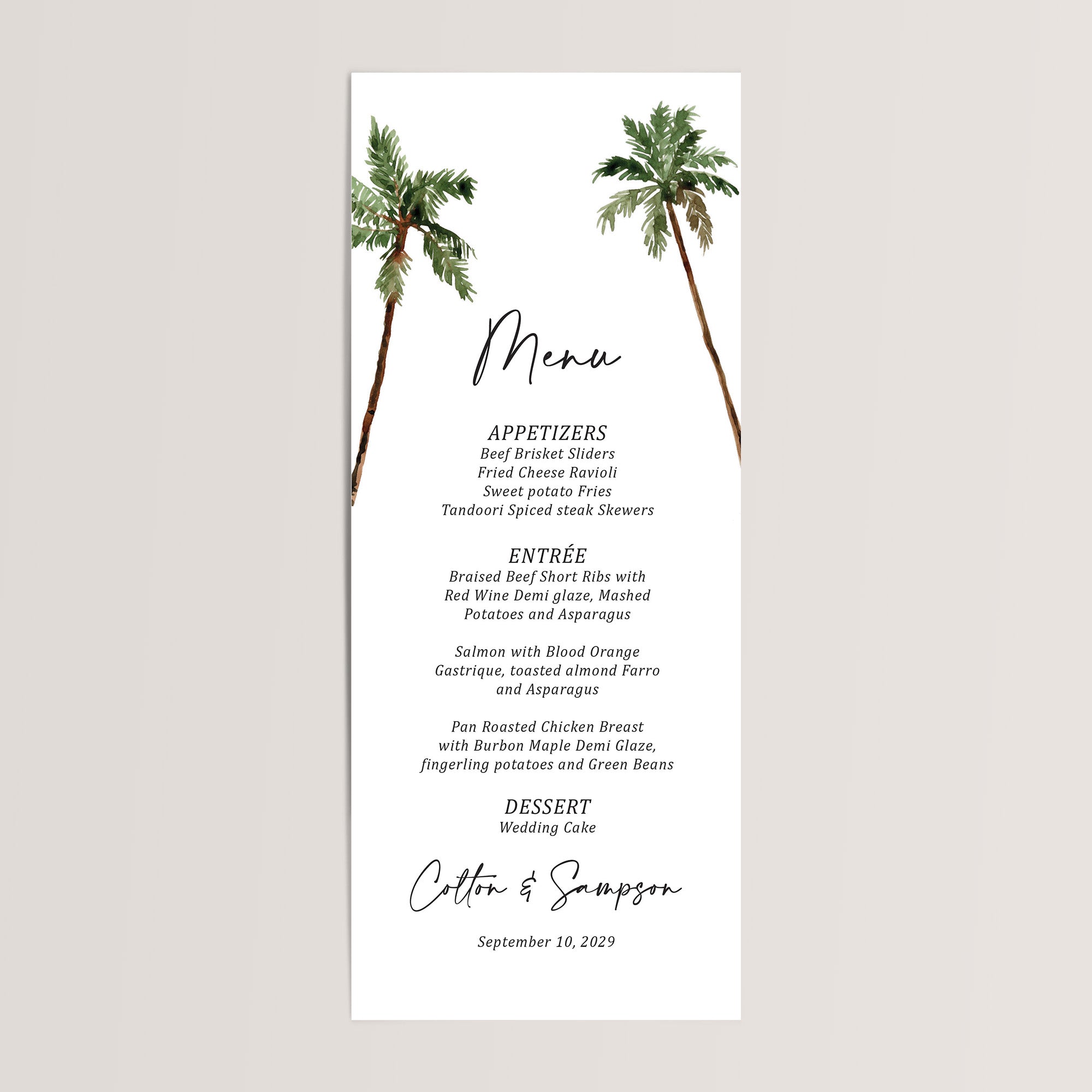 Add a touch of elegance to your celebration with our wedding dinner menu cards printed with palm trees. Perfect for a destination wedding reception, these professionally printed menu cards are crafted on thick, smooth white cardstock for a high-quality feel your guests will notice.