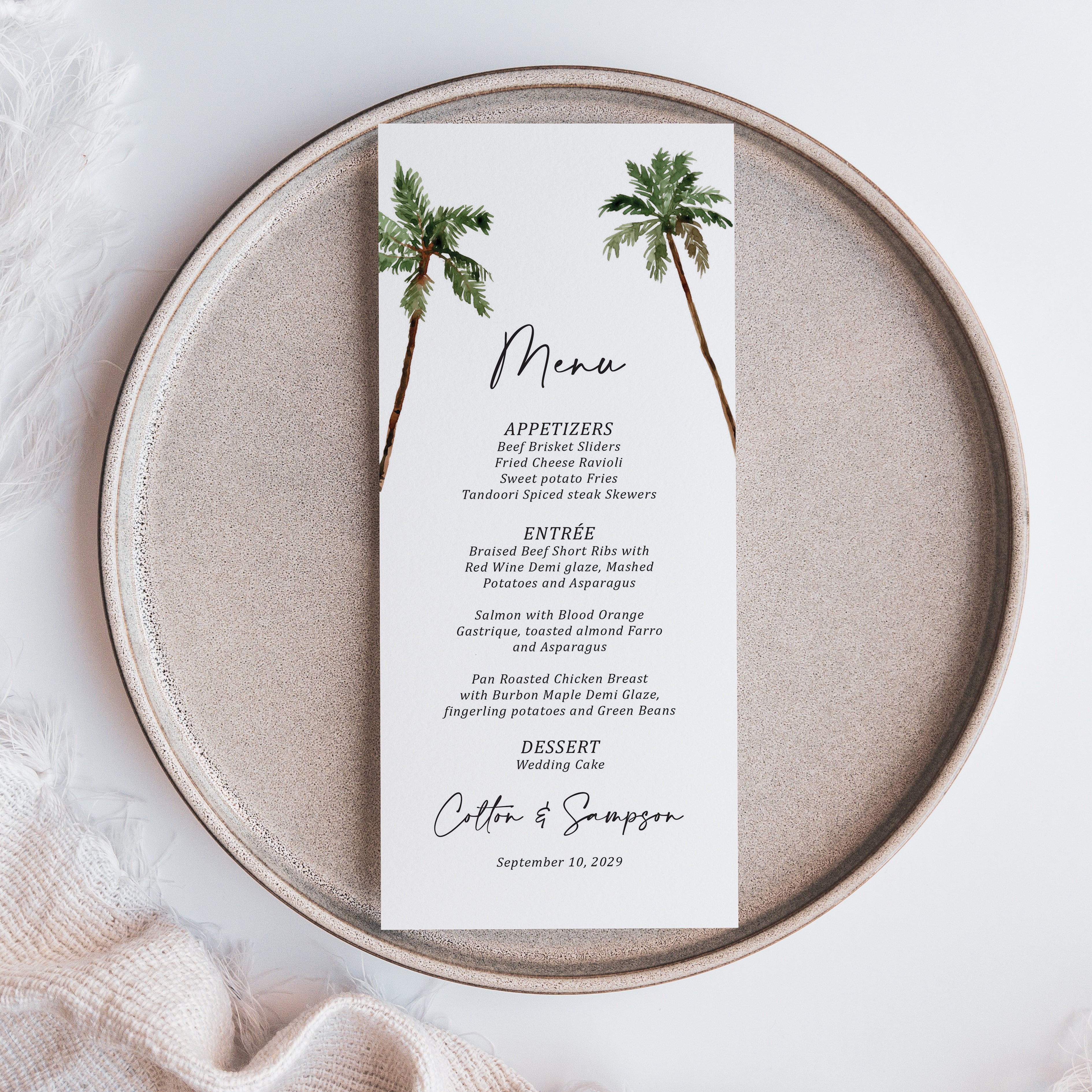 Add a touch of elegance to your celebration with our wedding dinner menu cards printed with palm trees. Perfect for a destination wedding reception, these professionally printed menu cards are crafted on thick, smooth white cardstock for a high-quality feel your guests will notice.