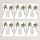Simple wedding seating chart cards with watercolor palm trees that are printed for you on nice, thick card stock These table seating arrangement signs are perfect tropical destionation wedding reception decor.