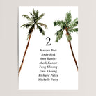 Simple wedding seating chart cards with watercolor palm trees that are printed for you on nice, thick card stock These table seating arrangement signs are perfect tropical destionation wedding reception decor.