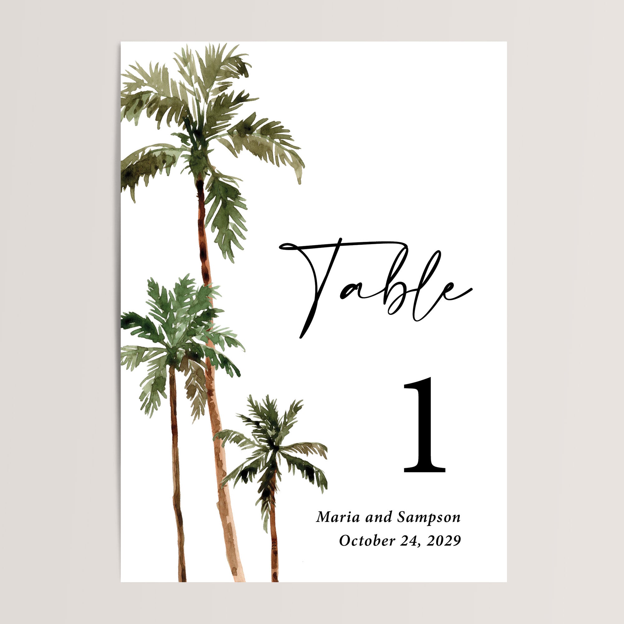 Gorgeous wedding table numbers with watercolor palm trees that are printed for you on thick card stock! The design is perfect for the elegant tropical destination wedding and your guests will love them.
