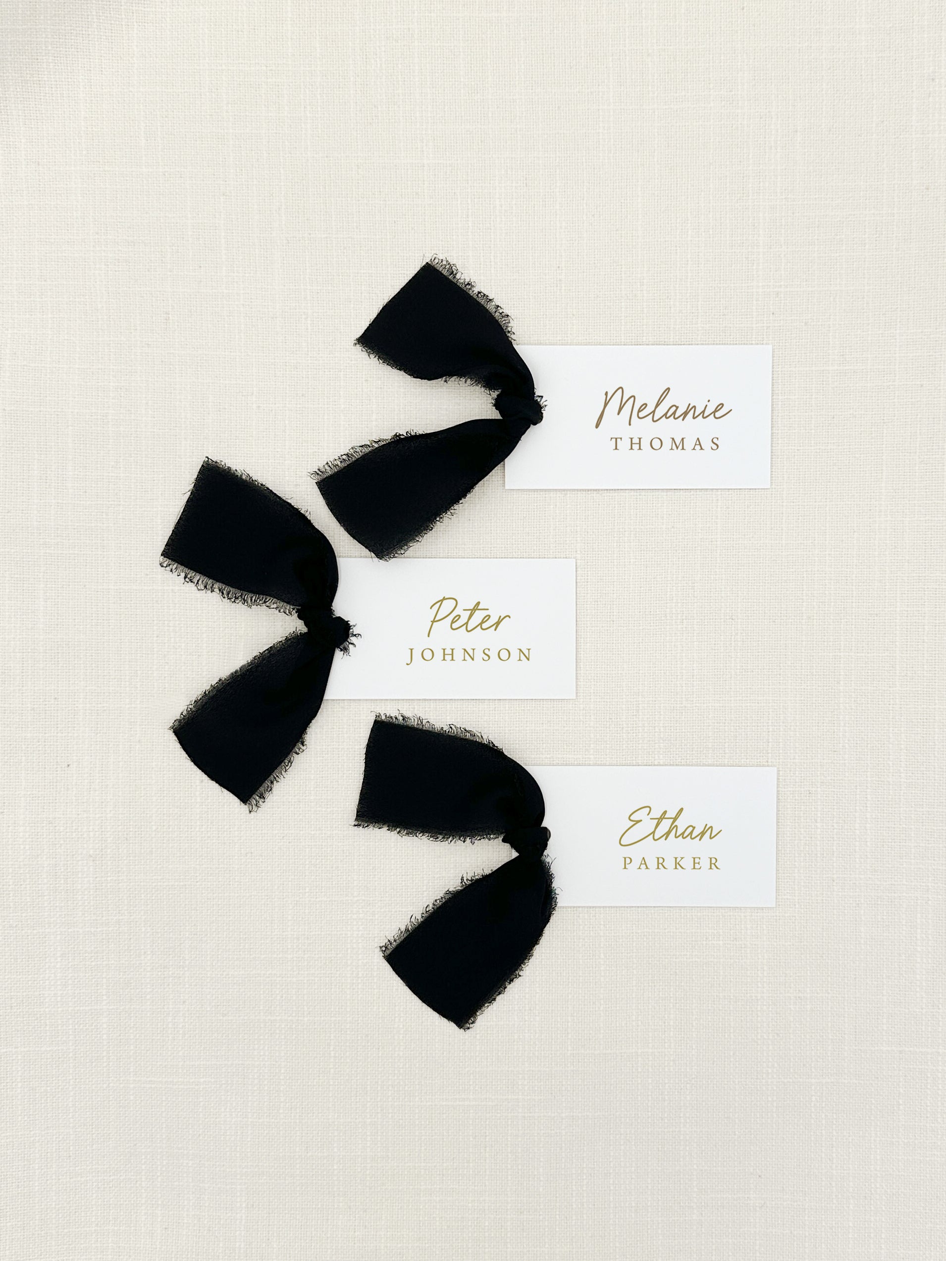 Personalized Place Cards with Chiffon Ribbon in champagne ink that are printed for you on thick, smooth, white card stock! Perfect for any occasion:

Weddings and Rehearsal Dinners, Baby Shower, Bridal Shower, Wedding Shower, Business Party, Corporate Event or Events with assigned seating