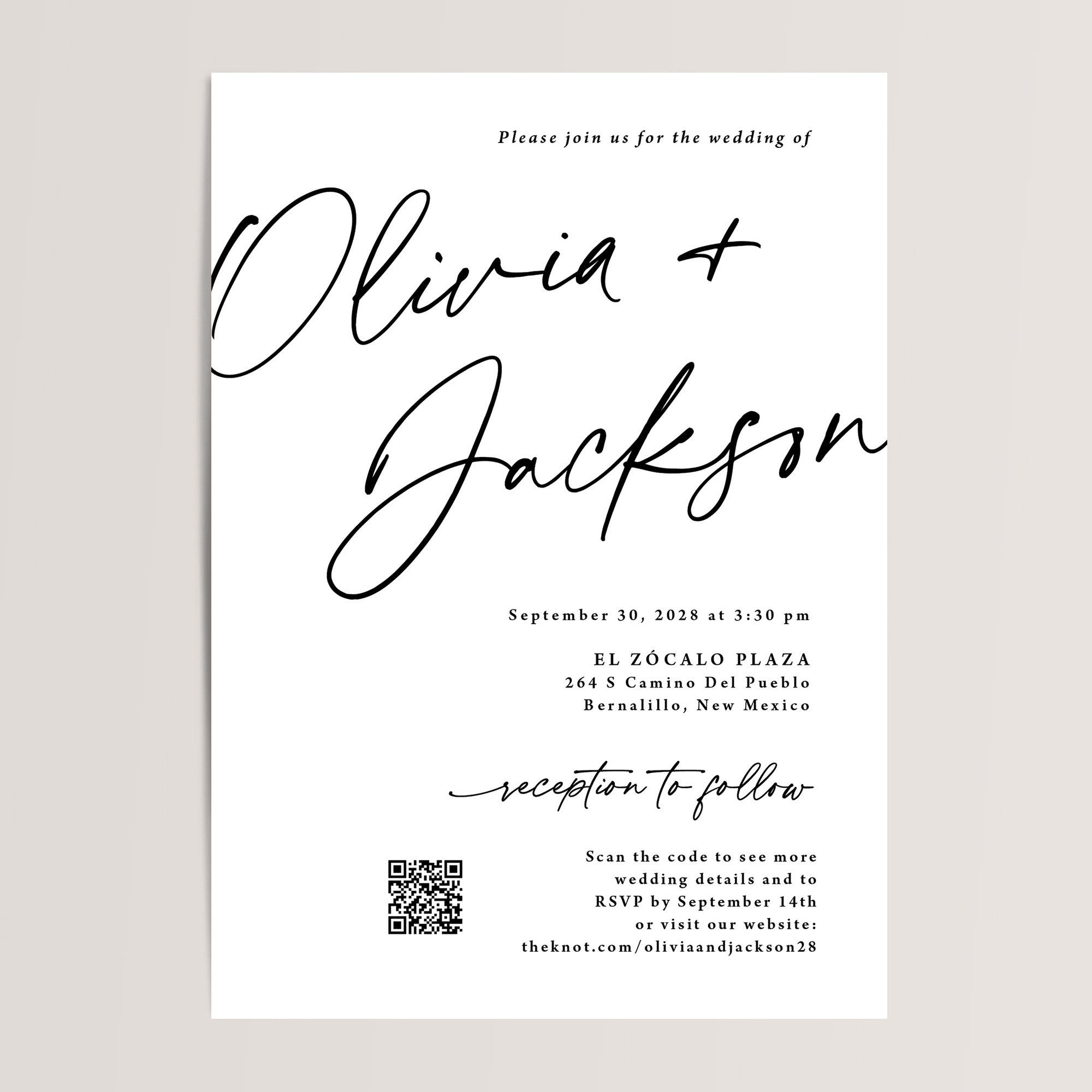 Simple Wedding Invitations with QR Code

These budget-friendly minimalist wedding invitations feature a sleek black and white design, with a convenient QR code for your guests to easily RSVP. Ideal for modern weddings, these all-in-one invitations combine elegance and simplicity, ensuring your guests have all the essential details for your special day.
