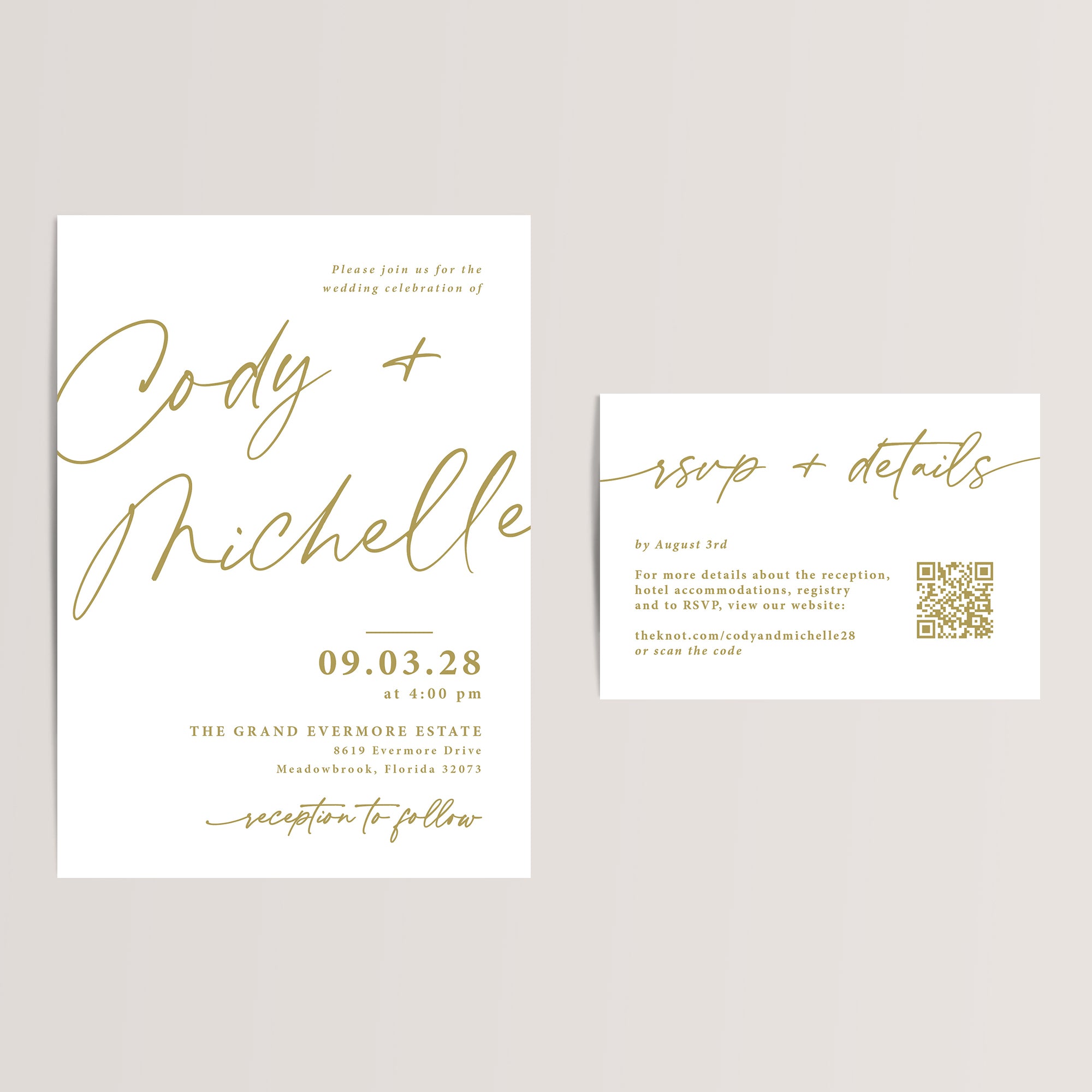 Gold Wedding Invitation Suite with QR Code RSVP Card

Sophisticated and budget-friendly, our gold and white&nbsp;wedding invitation suite is the ideal choice for a modern, minimalist, or elegant wedding. Printed on smooth, high-quality cardstock, each RSVP/details card features a scannable QR code, allowing your guests easy access to your wedding website for all the essential details and they can RSVP there too.