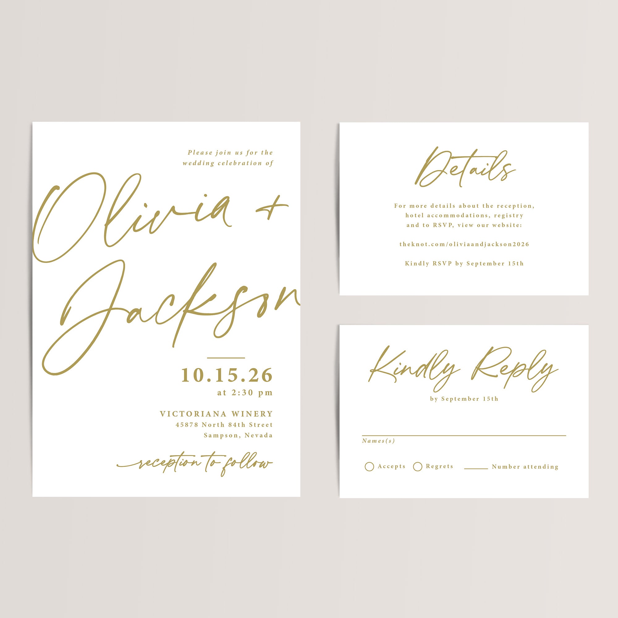 Modern Minimalist Gold Wedding Invitation Suite

Make a bold statement with our Modern Minimalist Wedding Invitation Suite. Perfect for contemporary and chic celebrations, this affordable suite includes a wedding invitation, RSVP card, and details card, all featuring a sleek gold design with clean typography and understated elegance.