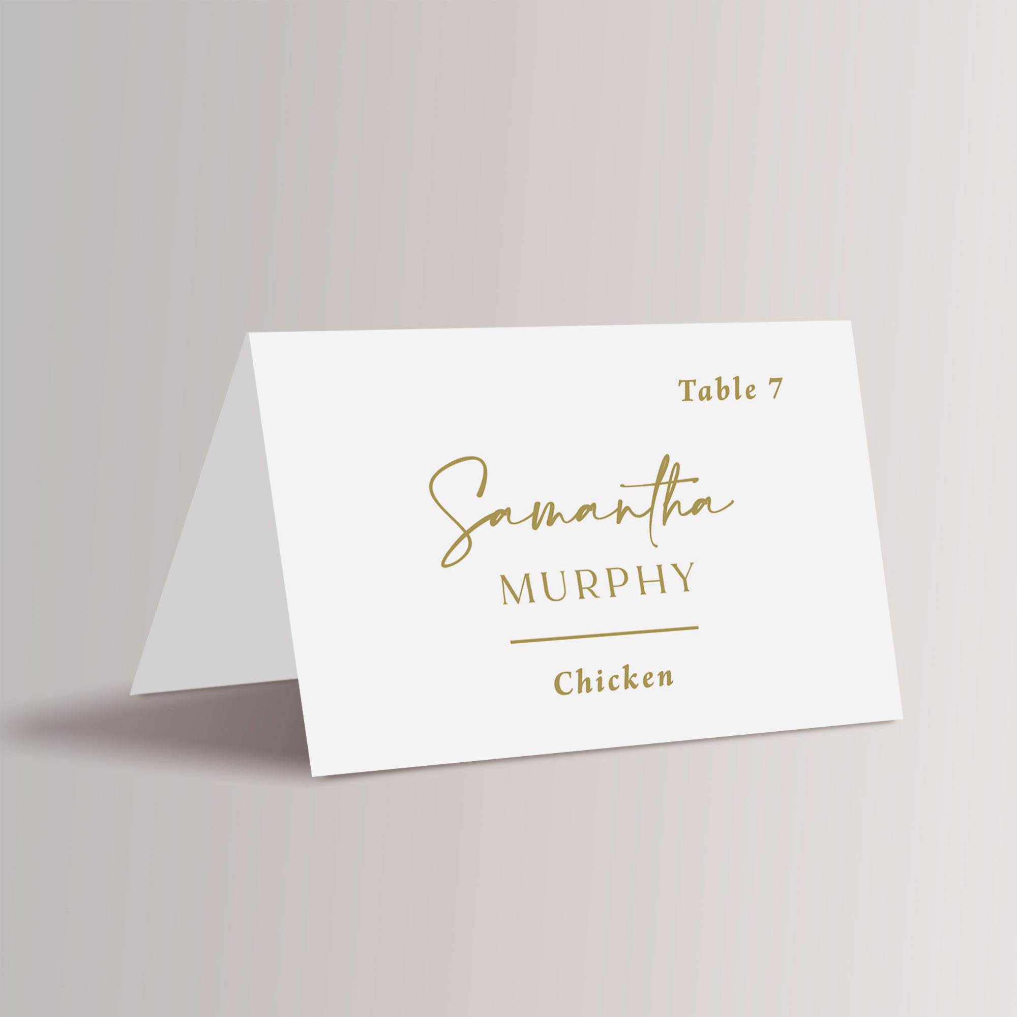 Gold wedding place cards with meal choice that are printed for you. 