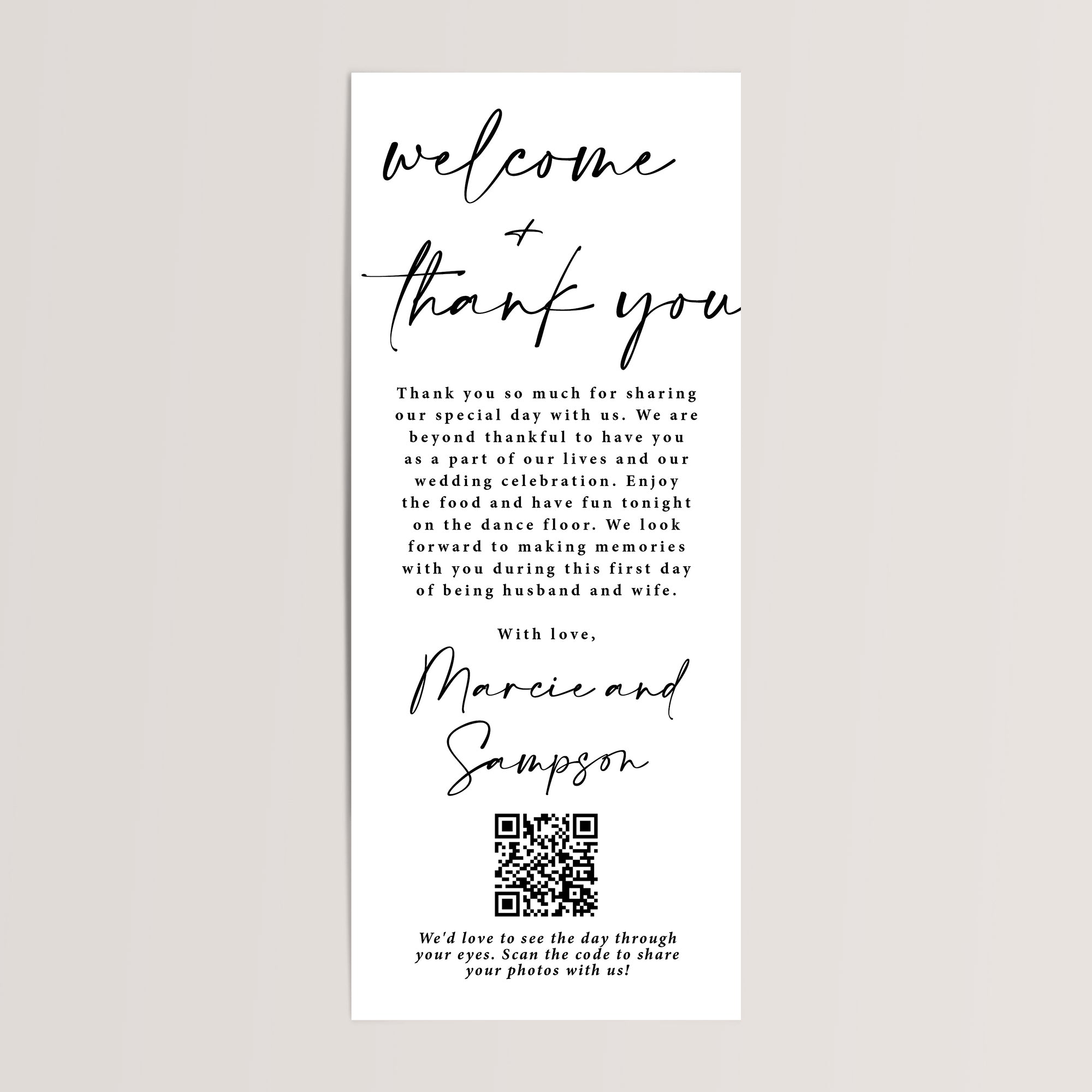 Make your guests feel truly welcomed and appreciated with these simple and modern wedding table thank you cards. Designed to sit beautifully at each place setting, these cards combine a heartfelt message with a photo sharing QR code so guests can easily upload their pictures from your special day and share the love.
