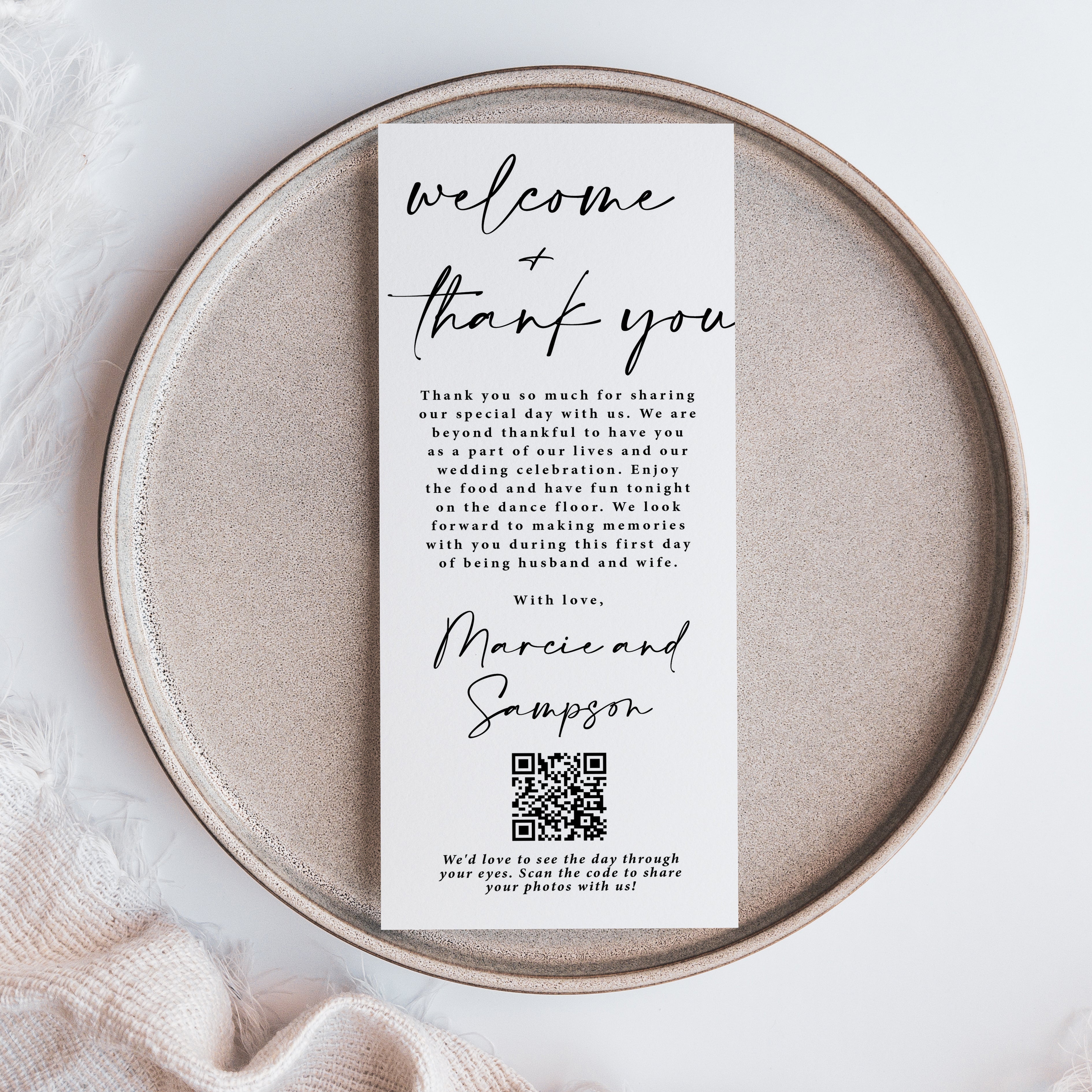Make your guests feel truly welcomed and appreciated with these simple and modern wedding table thank you cards. Designed to sit beautifully at each place setting, these cards combine a heartfelt message with a photo sharing QR code so guests can easily upload their pictures from your special day and share the love.