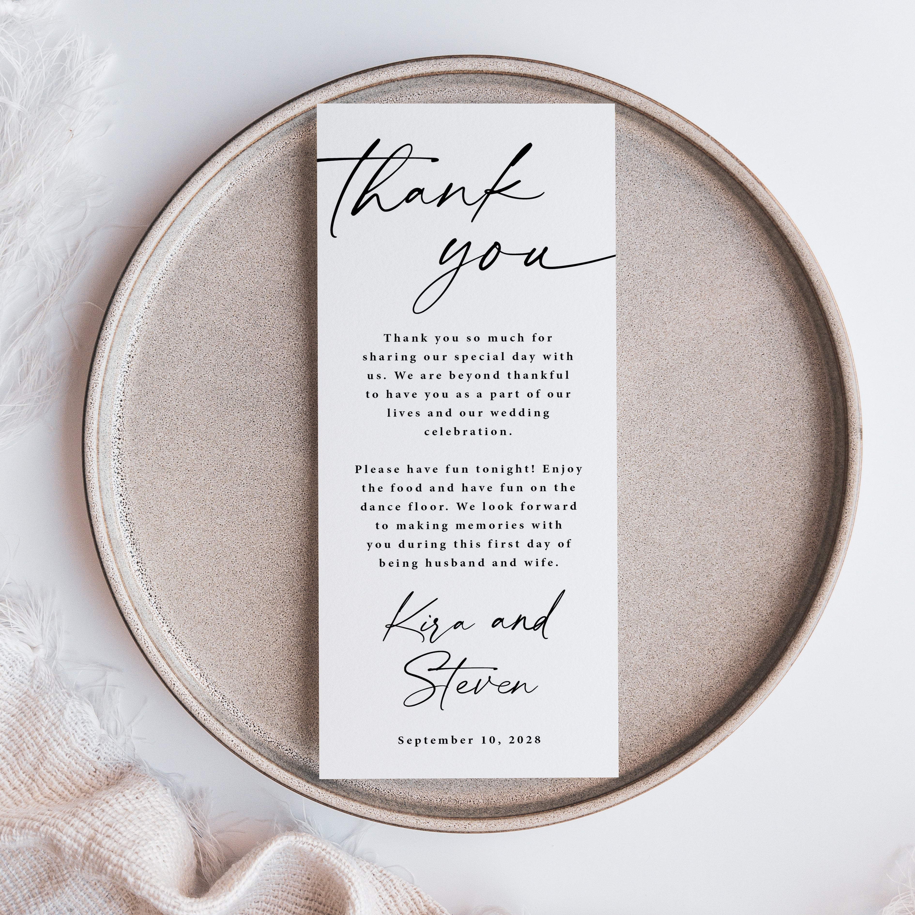 Simple wedding table welcome and thank-you cards, printed on thick cardstock in classic black and white with a beautiful modern script font. Personalize the message and names, or keep the wording as shown — perfectly designed to add an elegant touch to your wedding reception tables.