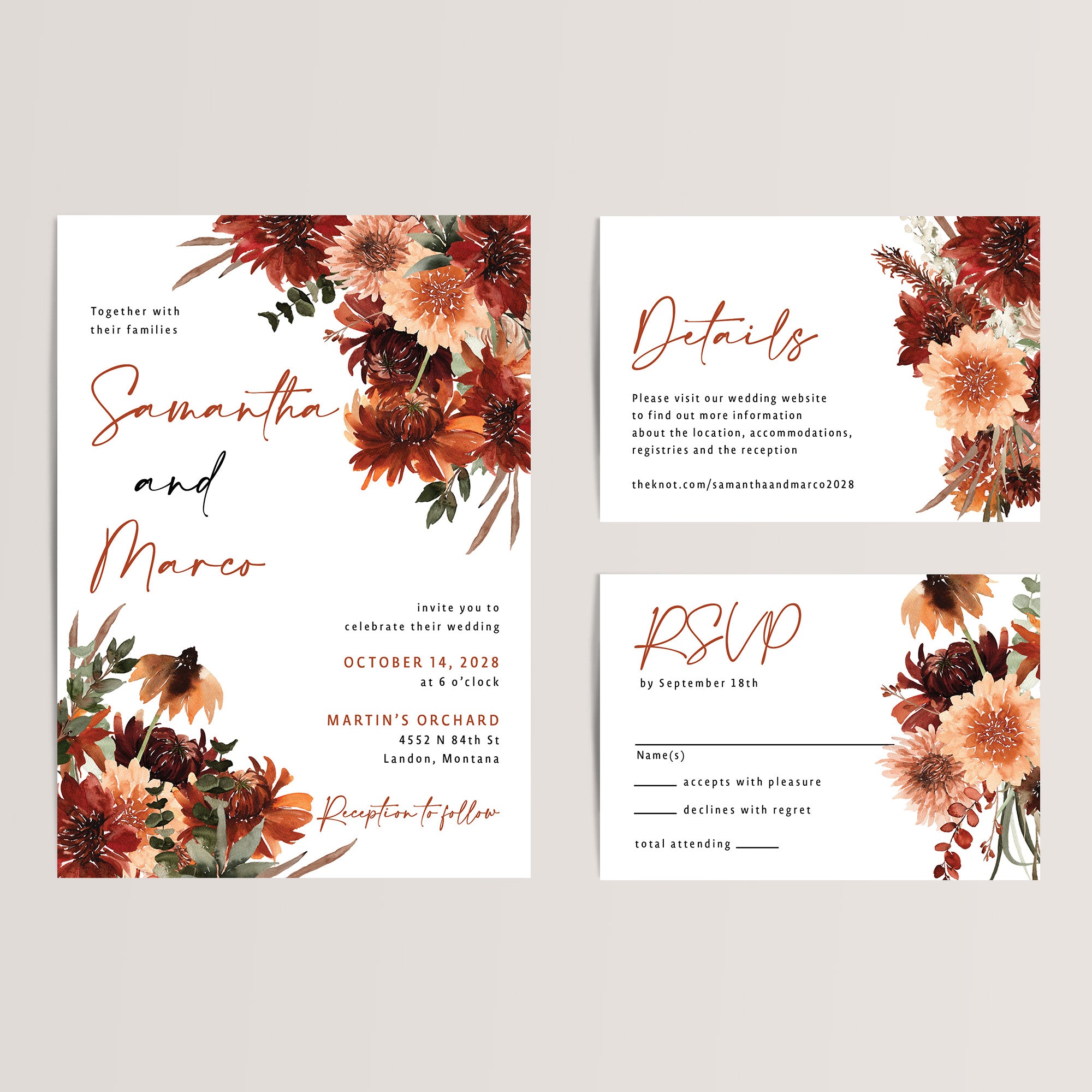 Terracotta Floral Fall Wedding Invitation Suite

Capture the warmth and elegance of autumn with our Terracotta Floral Wedding Invitation Suite. Perfect for fall weddings, this affordable suite includes a wedding invitation, RSVP card, and details card, all adorned with gorgeous terracotta and earthy floral designs.