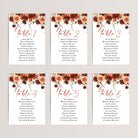 Printed terracotta fall floral wedding seating chart cards in x7 or 4x6 inches. 