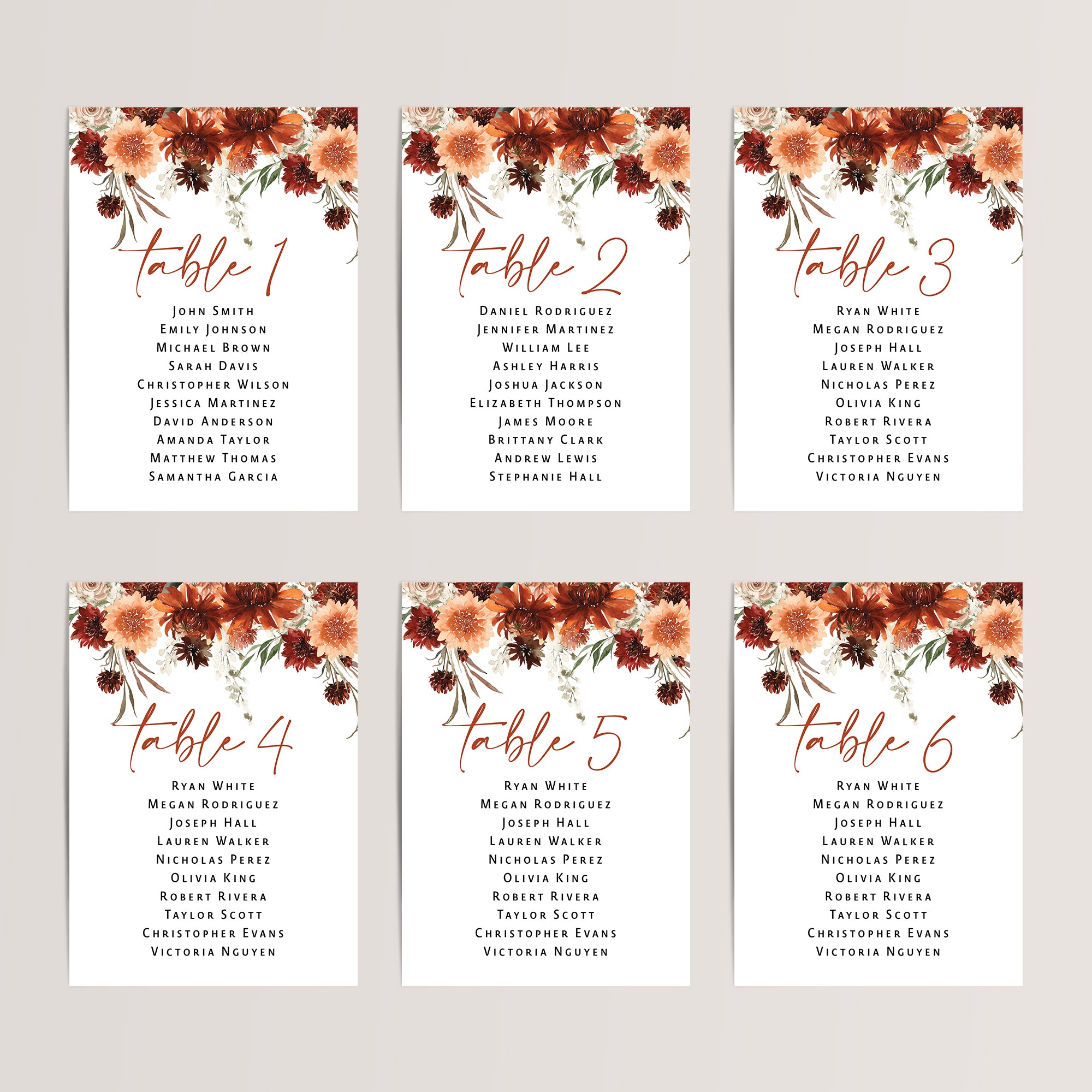 Printed terracotta fall floral wedding seating chart cards in x7 or 4x6 inches. 