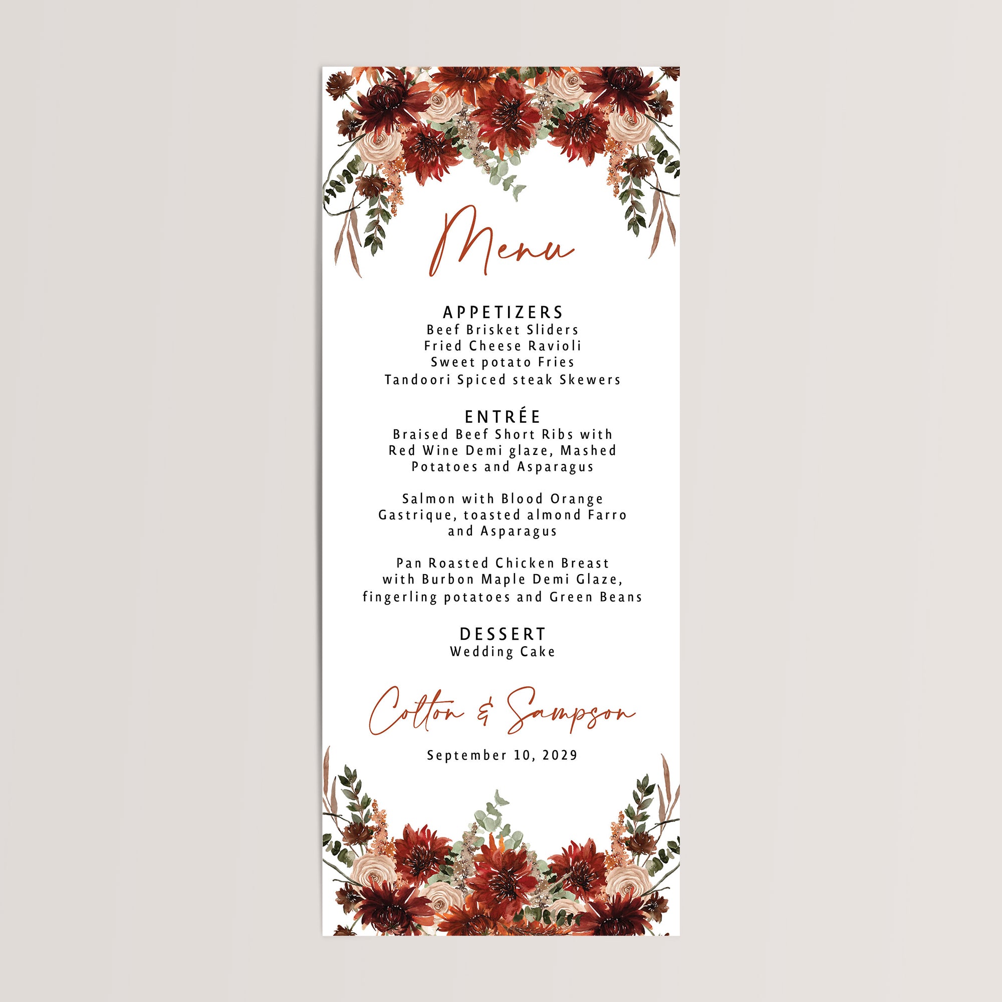 Printed terracotta fall floral wedding menu card for your guests' plate during the wedding reception. 