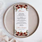 Printed terracotta fall floral wedding menu card for your guests' plate during the wedding reception. 