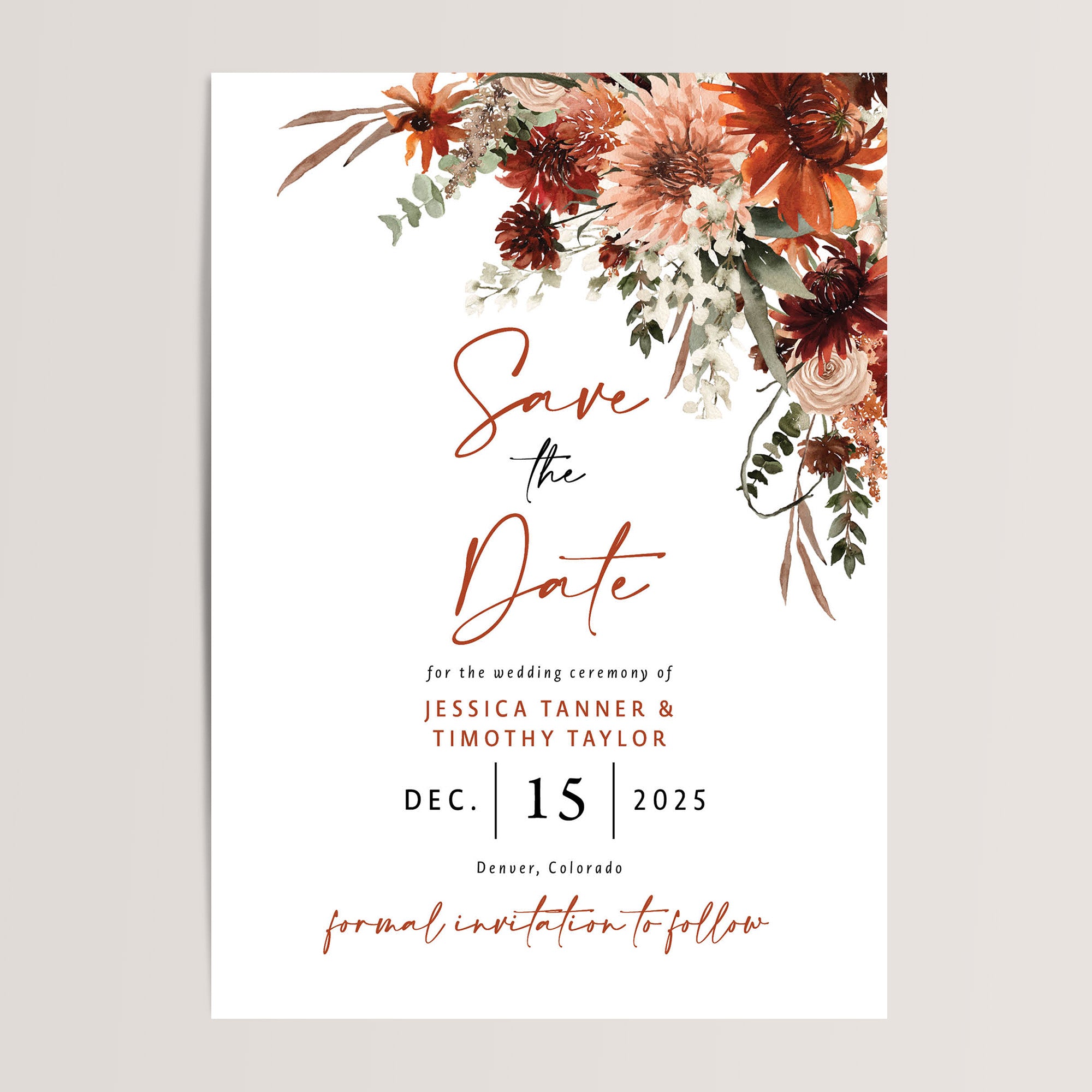 Boho Terracotta Fall Wedding Save the Date Cards

Featuring a rustic, warm terracotta design, these cards are the perfect way to announce your fall wedding or boho-inspired celebration. Ideal for couples looking to set the tone for a cozy and earthy event.
