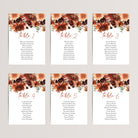 Printed terracotta fall floral wedding seating chart cards in x7 or 4x6 inches. 