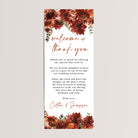Fall wedding table welcome and thank-you cards, printed on thick cardstock with gorgeous watercolor fall florals in shades of terracotta. Personalize the message and names, or keep the wording as shown — perfectly designed to add an elegant touch to your wedding reception tables.