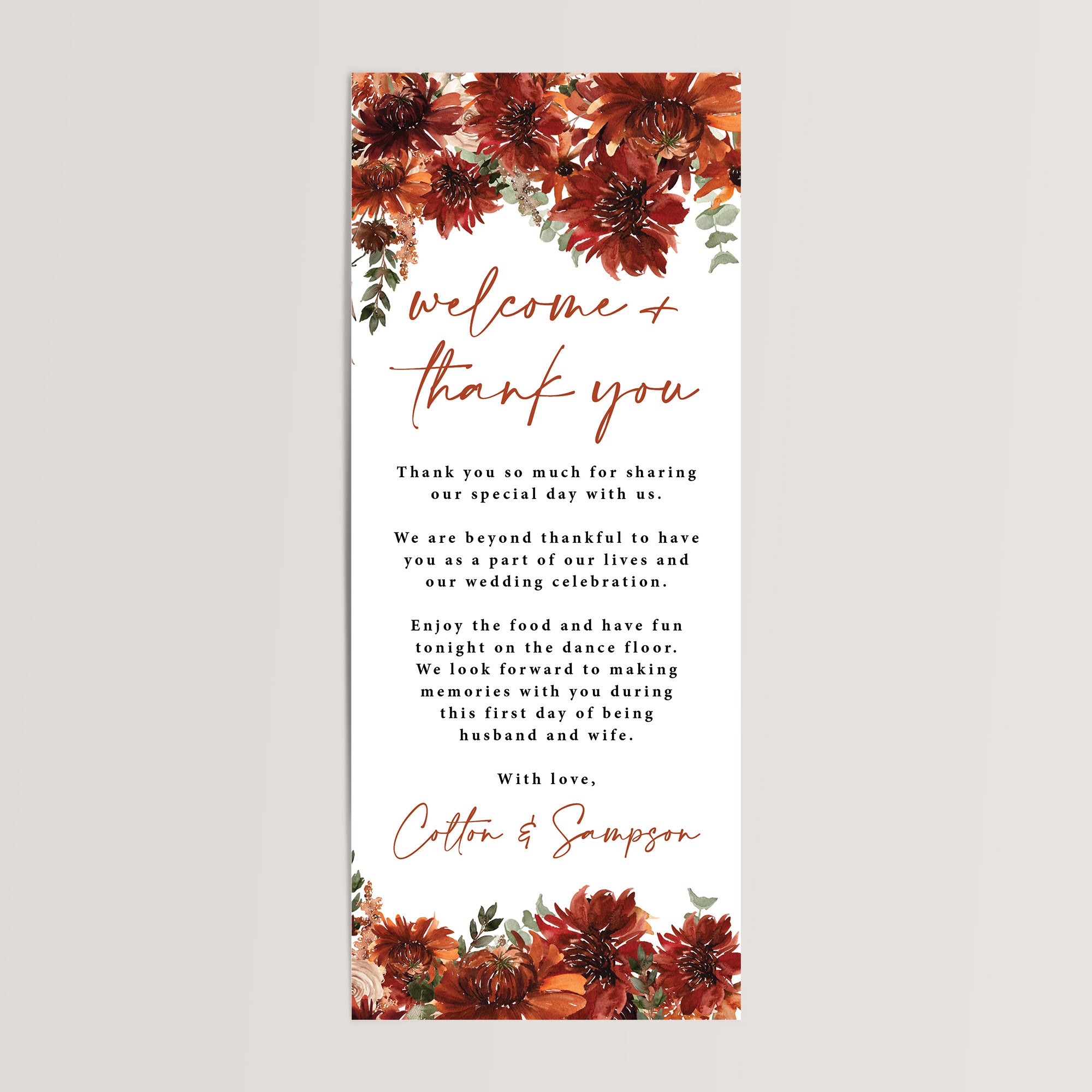 Fall wedding table welcome and thank-you cards, printed on thick cardstock with gorgeous watercolor fall florals in shades of terracotta. Personalize the message and names, or keep the wording as shown — perfectly designed to add an elegant touch to your wedding reception tables.