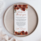 Fall wedding table welcome and thank-you cards, printed on thick cardstock with gorgeous watercolor fall florals in shades of terracotta. Personalize the message and names, or keep the wording as shown — perfectly designed to add an elegant touch to your wedding reception tables.