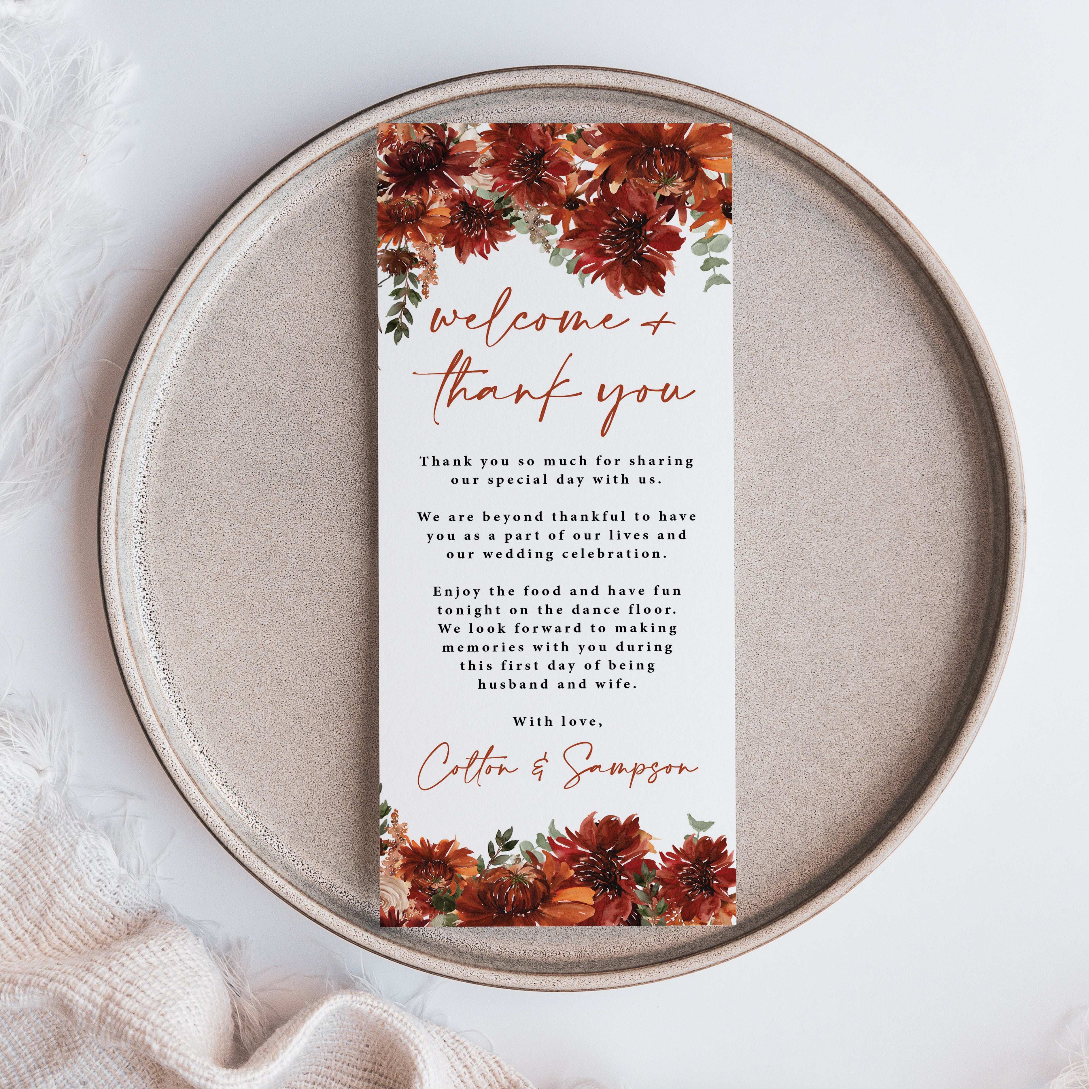 Fall wedding table welcome and thank-you cards, printed on thick cardstock with gorgeous watercolor fall florals in shades of terracotta. Personalize the message and names, or keep the wording as shown — perfectly designed to add an elegant touch to your wedding reception tables.