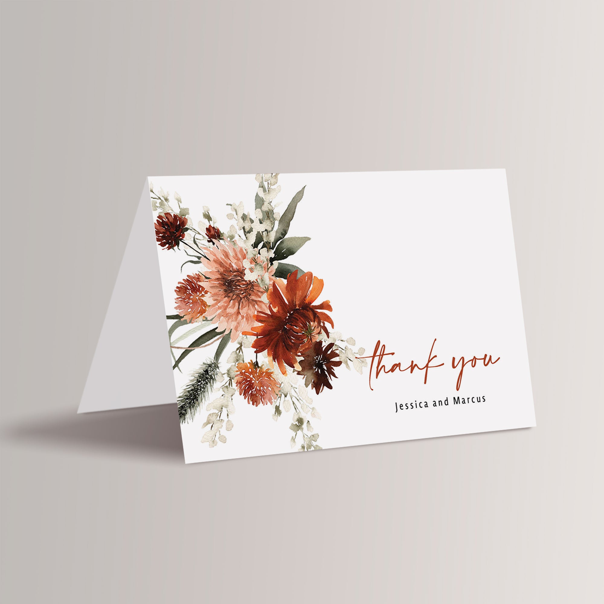 Terracotta Fall Wedding Thank You Cards

Boho terracotta wedding thank you cards with gorgeous fall florals – a perfect way to express your gratitude for your autumn wedding. These cards capture the warm, rustic beauty of fall, making them an ideal choice for your fall wedding. These are personalized with the names.