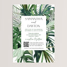 These budget-friendly tropical wedding invitations feature lush palm leaves, capturing the beauty of Hawaiian, Jamaican, Mexican, or Virgin Islands wedding. Including a convenient QR code for easy RSVPs, these all-in-one invitations offer both elegance and practicality, ensuring your guests have all the details they need for your unforgettable tropical celebration.