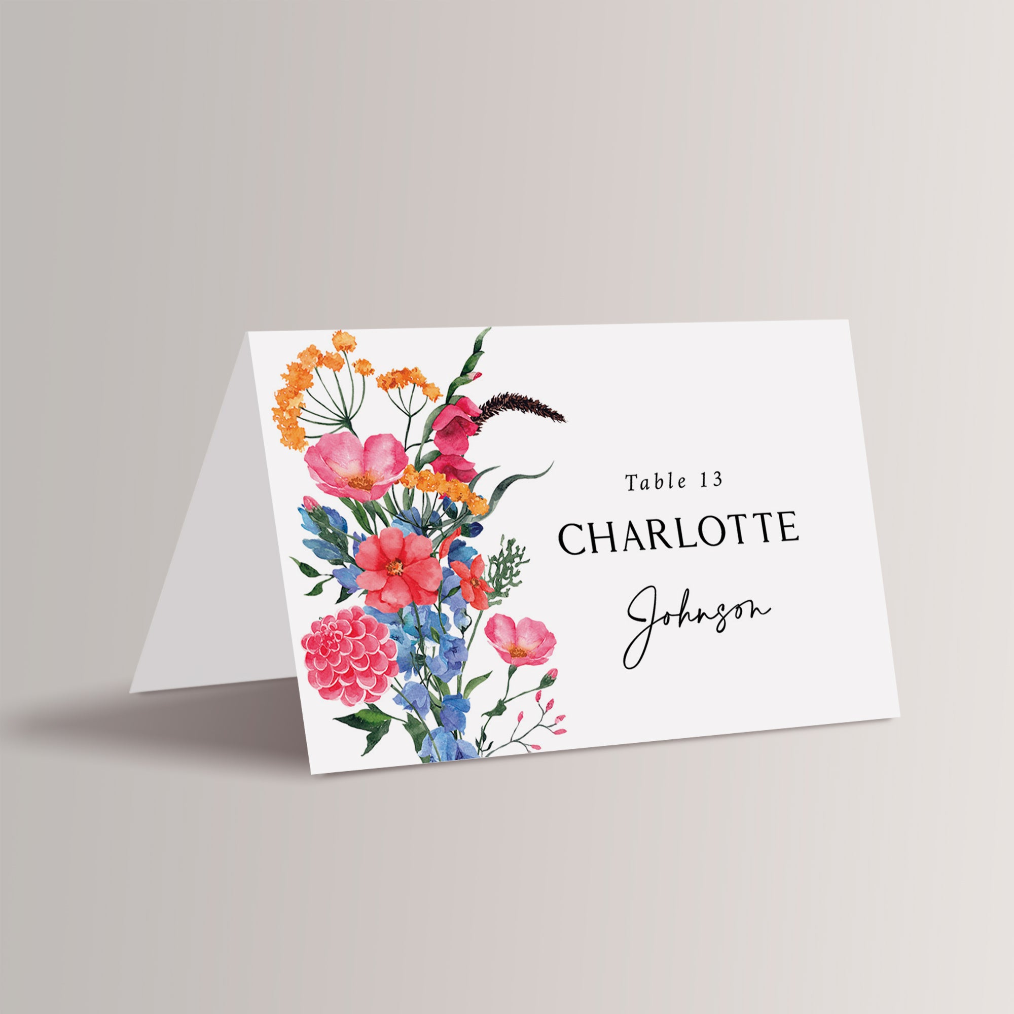 Wildflower wedding place cards that are printed for you. 